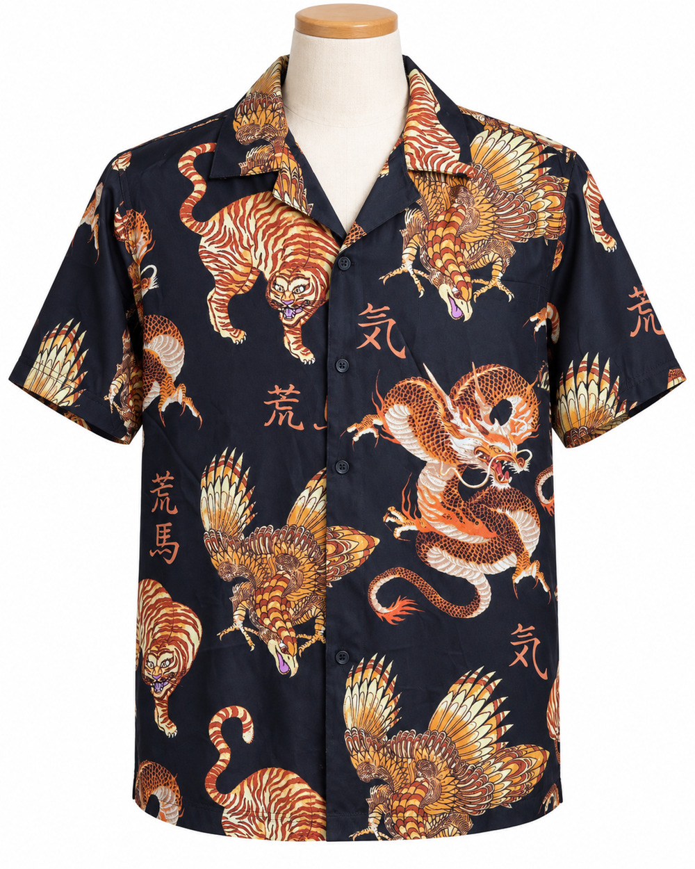 Fresh Prints Hawaiian Shirt Black Tiger Dragon Kanji Graphic Print MED